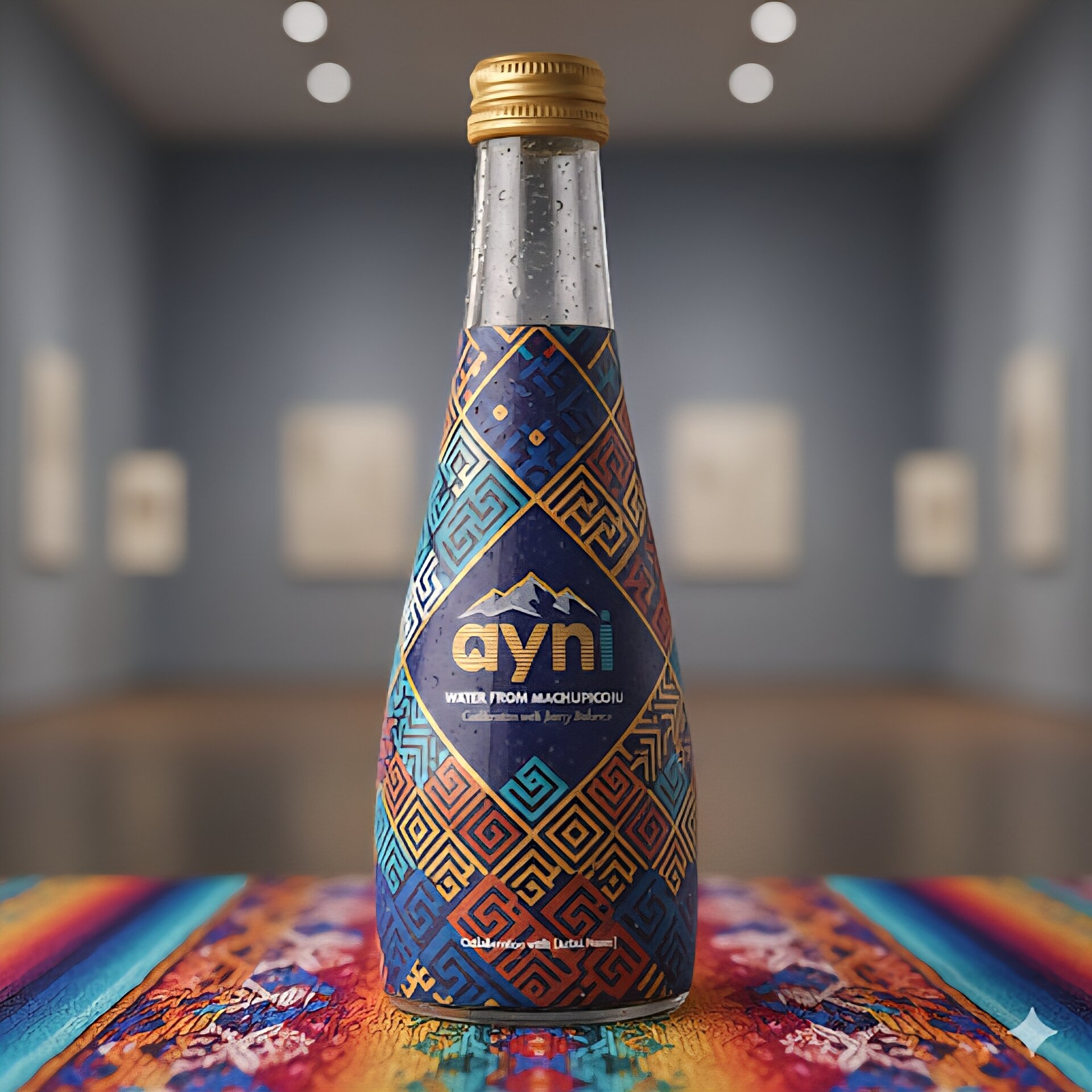 Botella artesanal Ayni Water con diseño geométrico andino